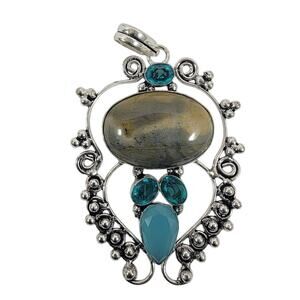 Handmade Silver Pendant Necklace with Labradorite, Blue Topaz & Turquoise Gems